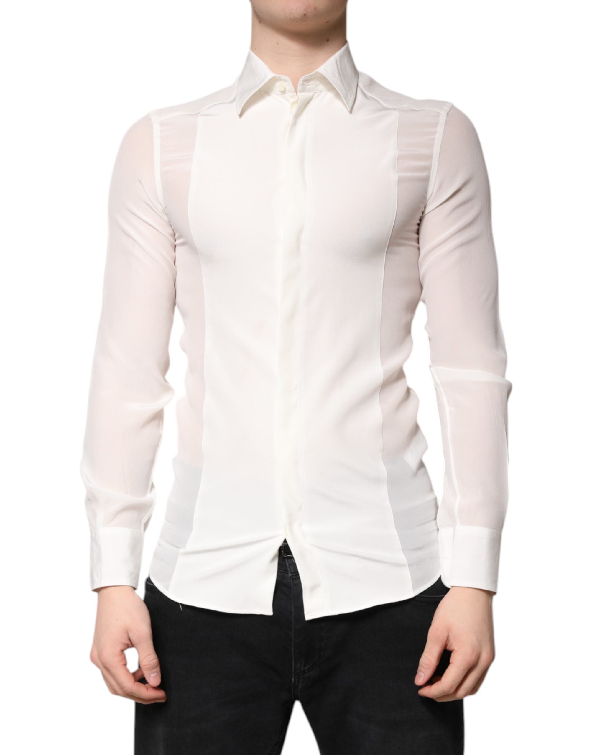Dolce & Gabbana White Silk Dress GOLD Formal Collared Shirt